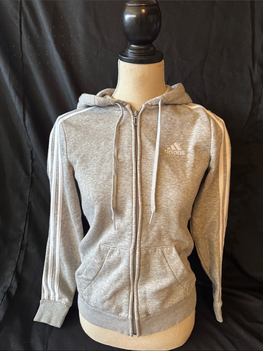 adidas Light Gray Zip Hoodie with White Stripes